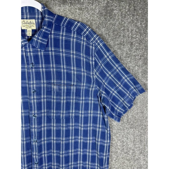 Cabelas Short Sleeve Knit Button Up Shirt Mens Size XL Blue Cotton Pocket Collar - Picture 5 of 14